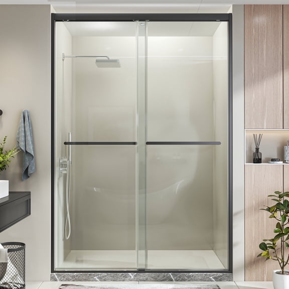 Hasipu 44-48" W x 76" H Shower Door, Semi-Frameless Double Sliding Shower Door with 5/16" (8mm) Crystal Clear Tempered Glass Door Bathroom Enclosure Matte Black