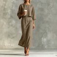 thumbnail image 5 of TEAJOPSUU Womens 2 Piece Outfit Sets 3/4 Sleeve Crew Neck Crop Top and Back Zipper A Line Maxi Skirt Sets Casual Fall Summer Matching Wear Khaki, 5 of 8