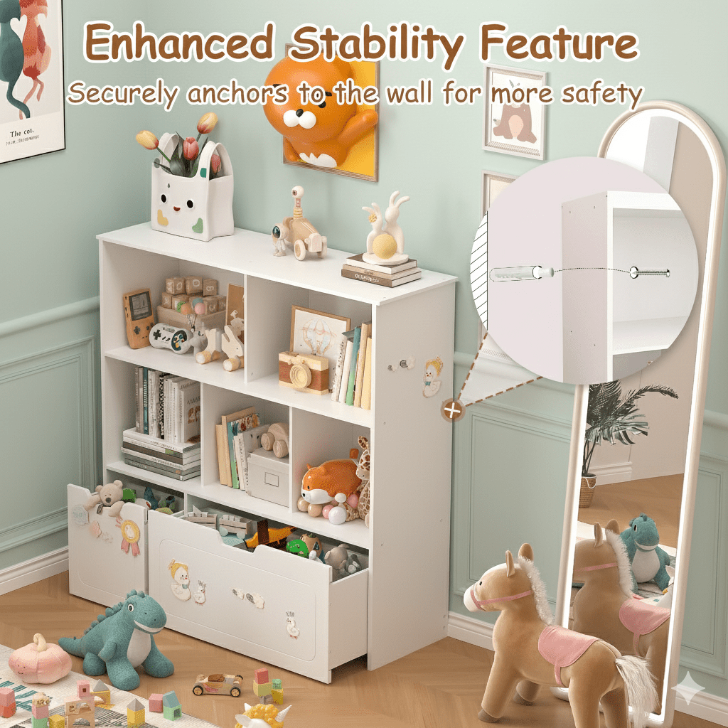 BRINJOY 3-Shelf Kids Bookcase Storage Organizer with 2 Movable Drawers