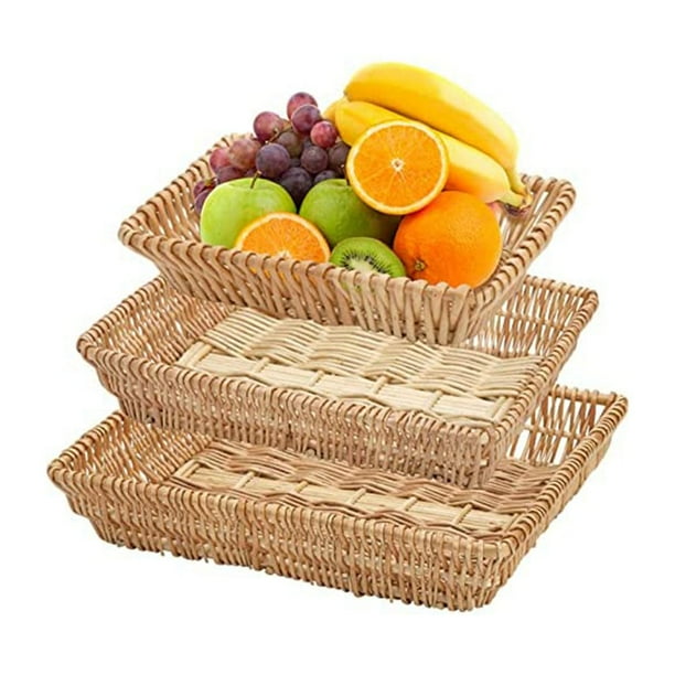 AMERTEER 3 Pack Rectangular Woven Fruit Baskets Wicker Bread Basket
