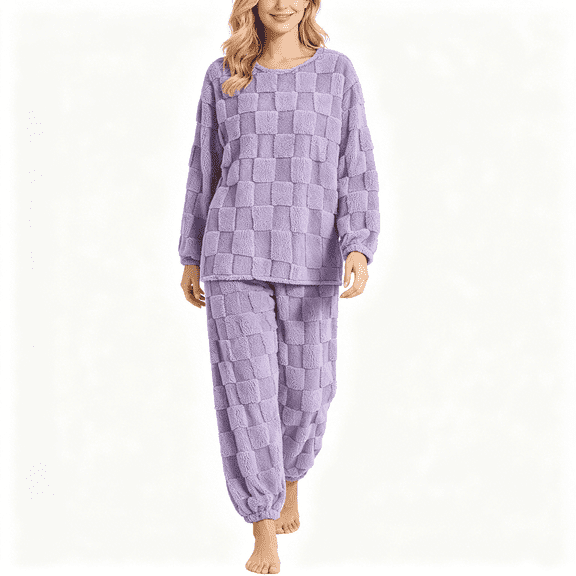 CAZOFW Pajamas for Women,Flannel Long Sleeve Top Pants Set Warm Fleece Sleepwear Free Size