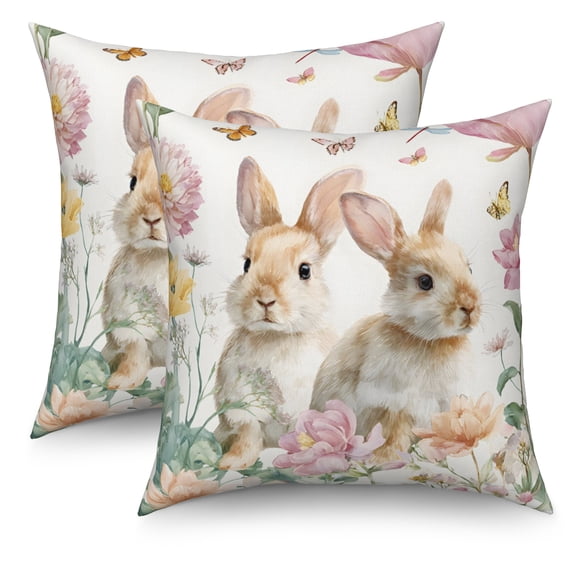Easter Rabbit Throw Pillow Covers 18x18 Set of 2,Spring Colorful Floral Easter Theme Pillowcases for Sofa Couch Living Room
