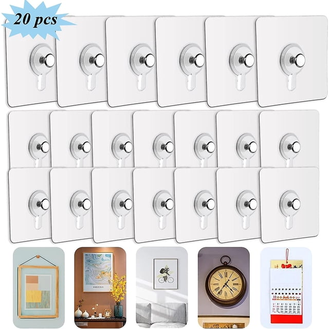 juego de 20 colgadores adhesivos para cuadros sin taladrar, ganchos adhesivos para colgar marcos de fotos, arte de pared, decorativos, sin agujeros — Conjunto de 20 placas transparentes con gancho metálico extraíble, vista frontal en filas; adhesivo para superficies lisas como madera, azulejo y metal, montaje sin taladrar para colgar marcos, coronas y decoraciones ligeras; a menudo usado también para letreros o luces decorativas.