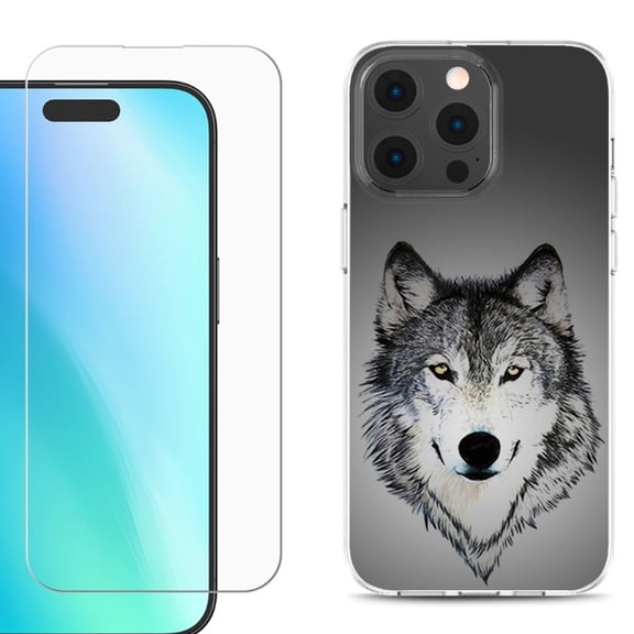 For iPhone 16 Pro Phone Case Cover, Shockproof Case with Tempered Glass Screen Protector, by OneToughShield - Wolf Face