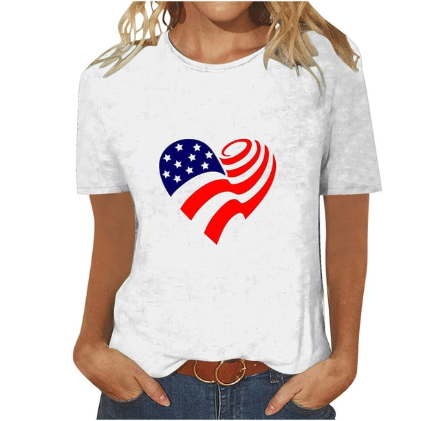 Tops Cortos para Mujeres Día de la Independencia Patriótica Impreso Cuello Redondo, Camiseta de Manga Corta Casual para la Primavera, Verano Y Fiesta