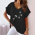 thumbnail image 2 of WREESH Women's Loose Batwing Sleeve T-Shirt Cotton Linen V-Neck Top with Graphic Design Black, 2 of 5