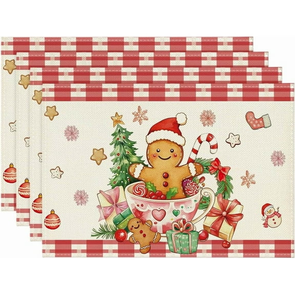 Red Gingerbread Gifts Merry Christmas Placemats Set of 4, 12x18 Inch Seasonal Winter Holiday Table Mats for Party Kitchen Dining Decoration