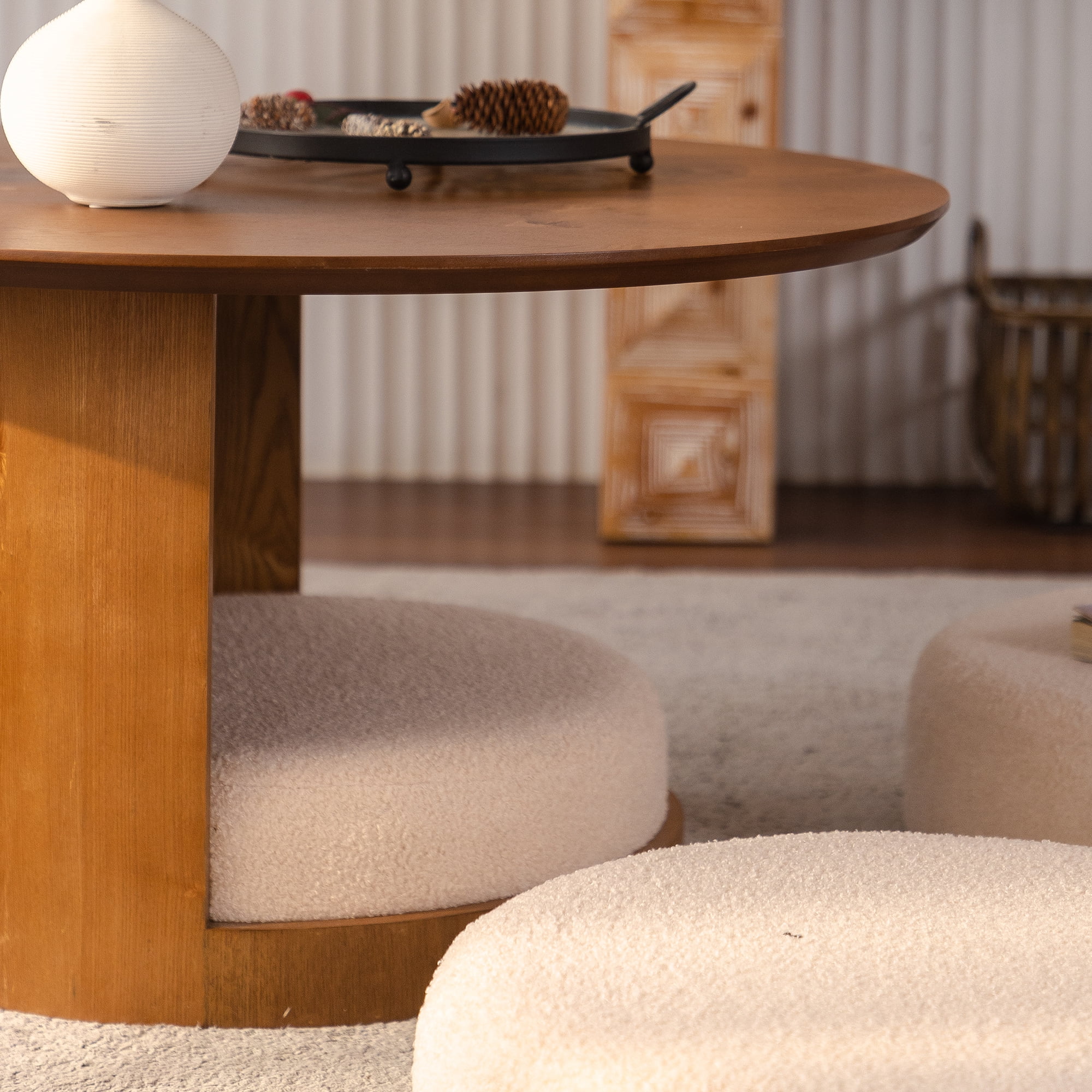 Leumius Round Wood Coffee Table with 3 Teddy Fabric Nesting Stools, Farmhouse Multifunctional Center Table Set with Hidden Storage for Living Room