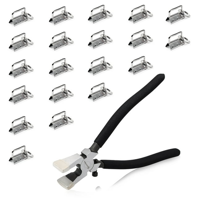 SPEEDWOX 1.25 Inch Key Fob Hardware Sets 20 Pcs White Nickel with Keychain Split Rings Glass Breaking Pliers Key Fob Pliers and Webbing Fabric Strapping Tools with Rubber Tips
