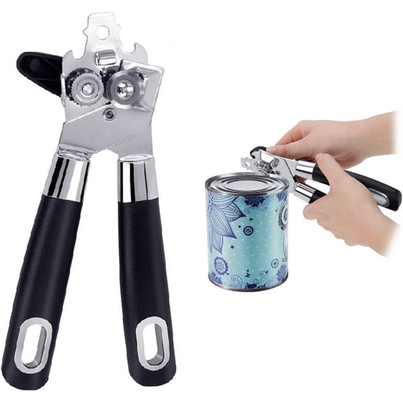 Can Opener Handheld, 3 in 1 Manual Can Opener with Oversized Easy Turn Knob, Comfortable Grip Bottle Opener with Anti-slip Hand Grip for Seniors, Can Opener Smooth Edges(Black)