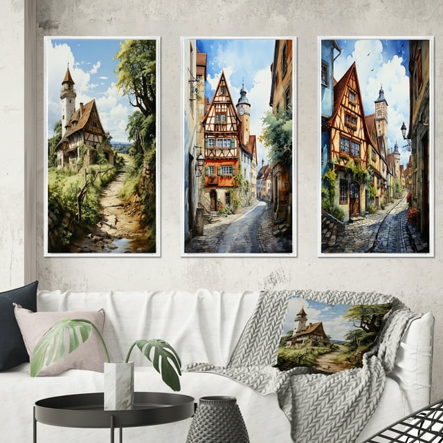 Designart "Blissful Rural Germany I" Germany Framed Wall Art Set Of 3 - Beige Germany Frame Gallery Wall Set For Home Decor