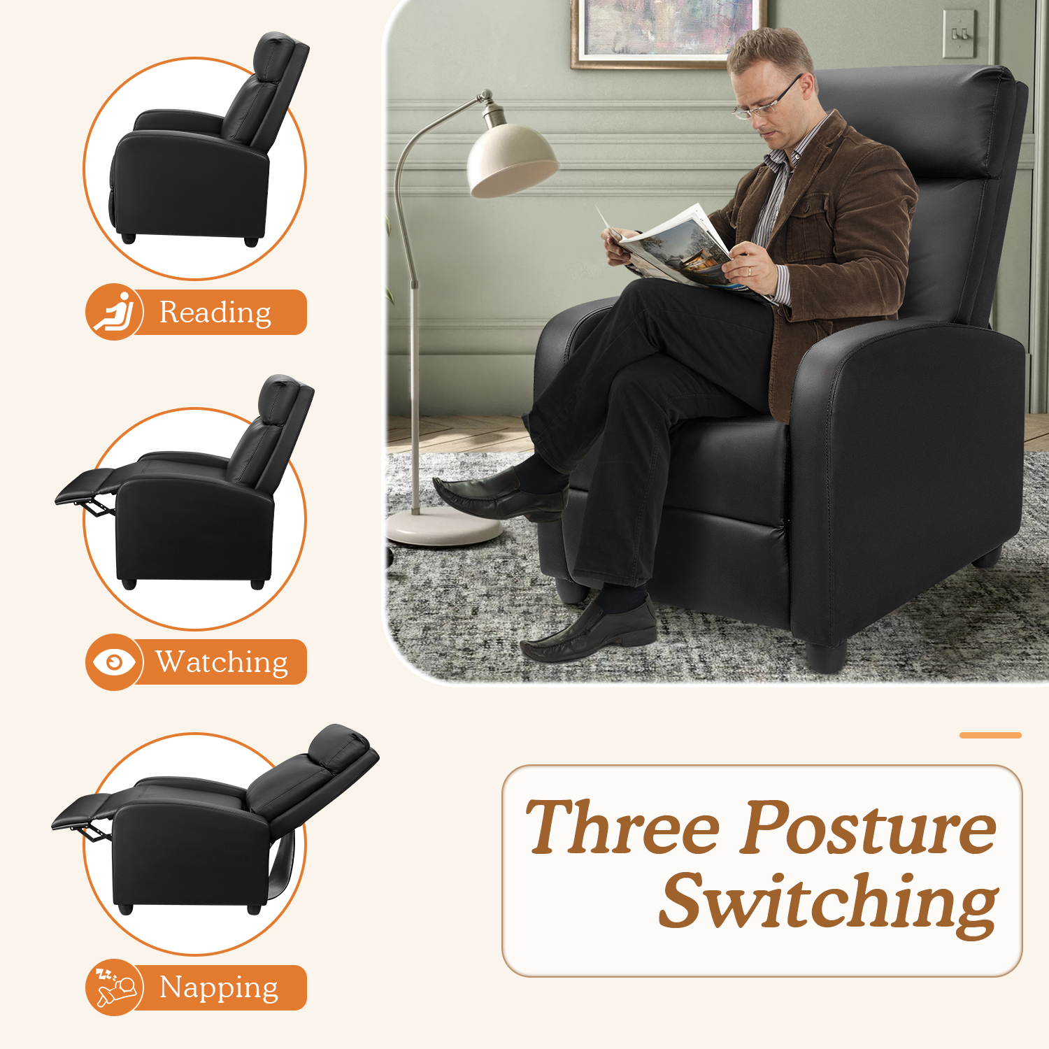 Homall Massage Recliner Chair, Single Sofa Black photo 6