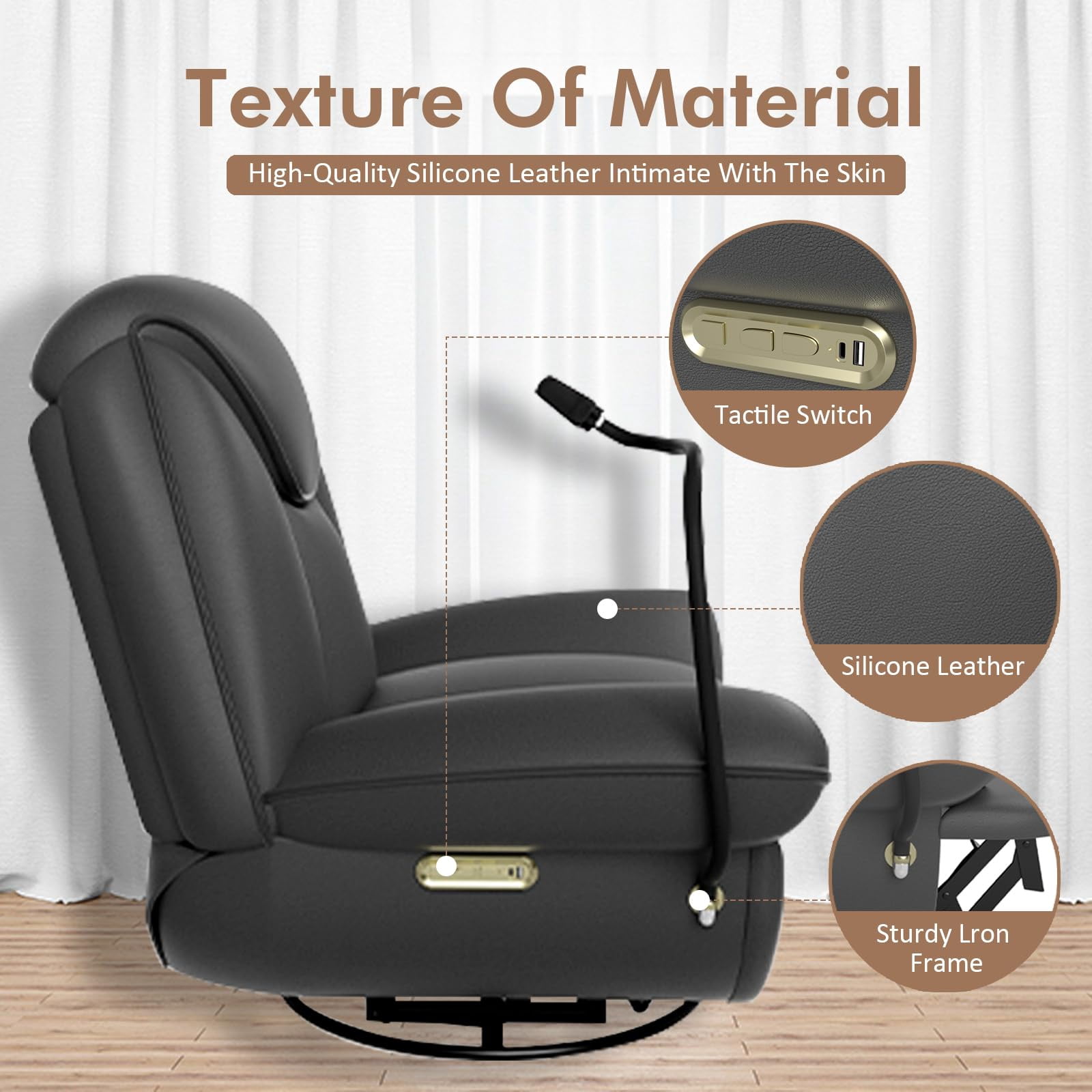 Oversized Power Recliner Chair with Voice Control, Swivel Glider and Bluetooth Speakers, Gray