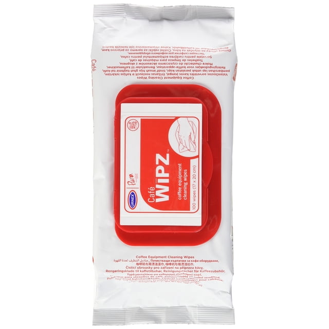 toallitas limpiadoras urnex café wipz professional, 100 unidades bolsa con tapa resellable roja en el frente, paquete blanco rectangular con logo Urnex y texto Café WIPZ; toallitas prehumedecidas de 6.69 x 7.87 pulgadas para limpiar varitas de vapor, tolvas de frijoles y encimeras, sin fragancia.