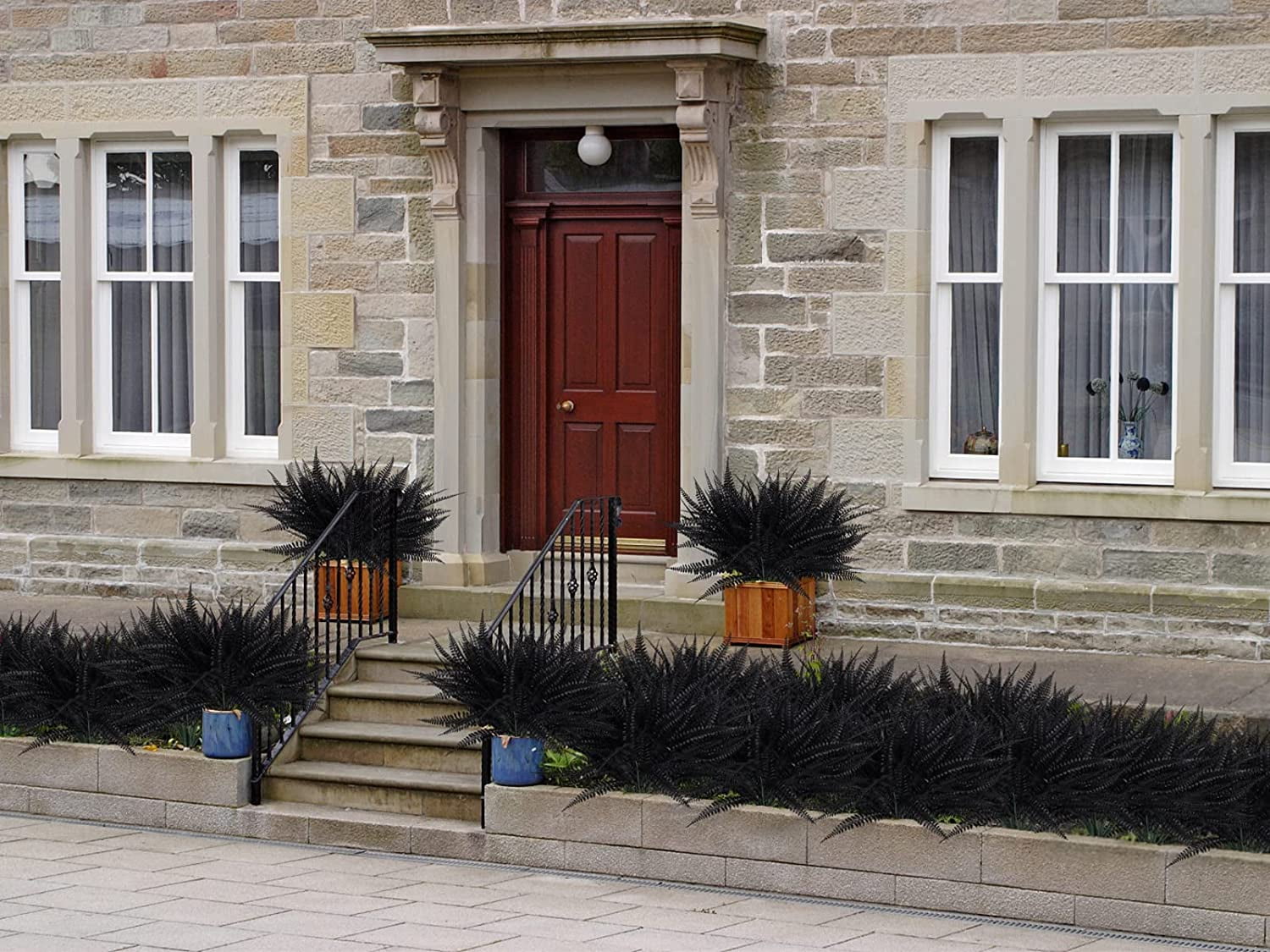 Asisol 4Pcs Artificial Boston Fern Plants Outdoor UV Resistant Artificial Shrubs Greenery Fake Leaves Plants Bushes Office Porch Garden Outdoor Decor (Black)