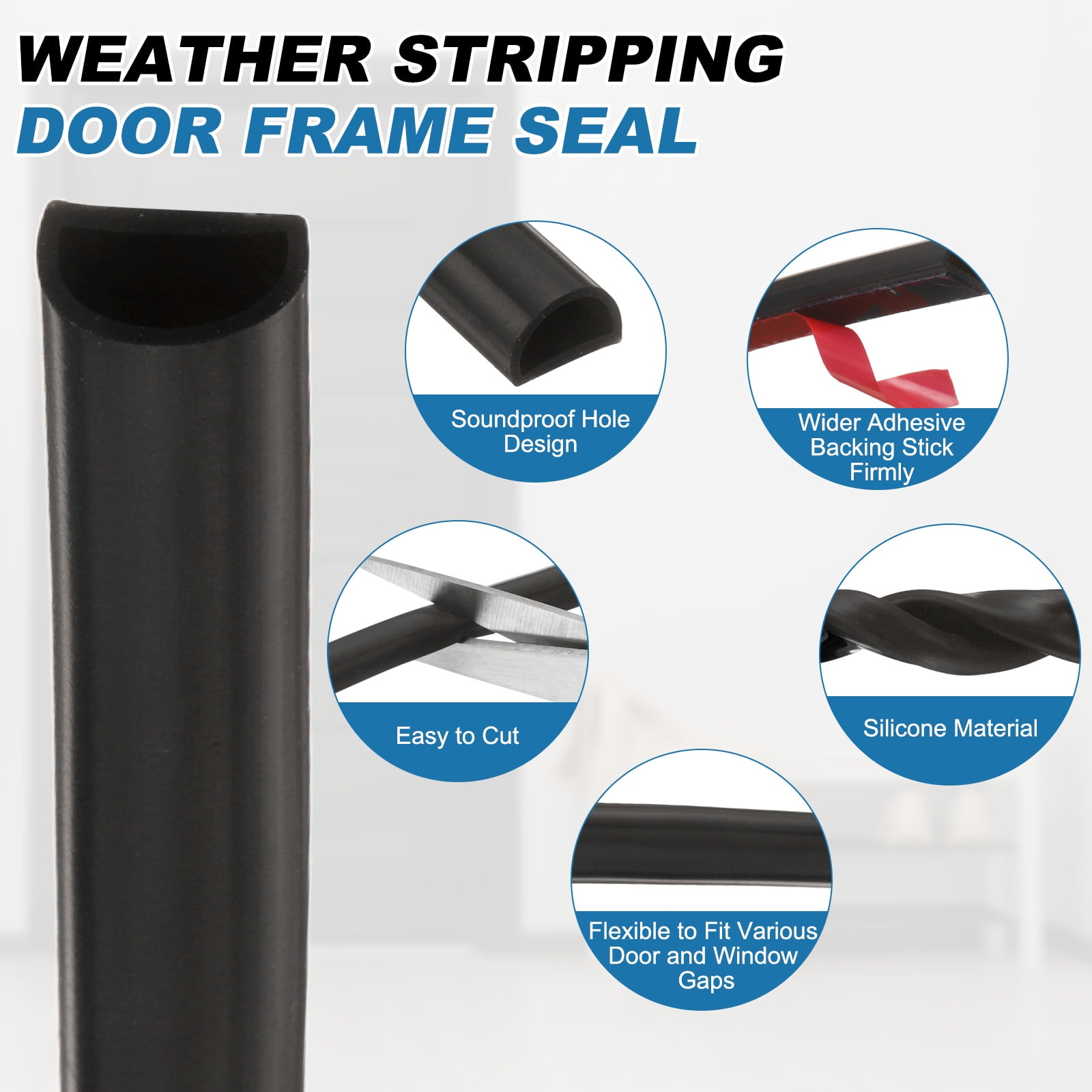 39.4Ft x 3/8" Weather Stripping Door Seal, Silicone Self-Adhesive Door Frame Seal Strip for 3/16"-1/4" Doors Window Frame Gap Filler, Black