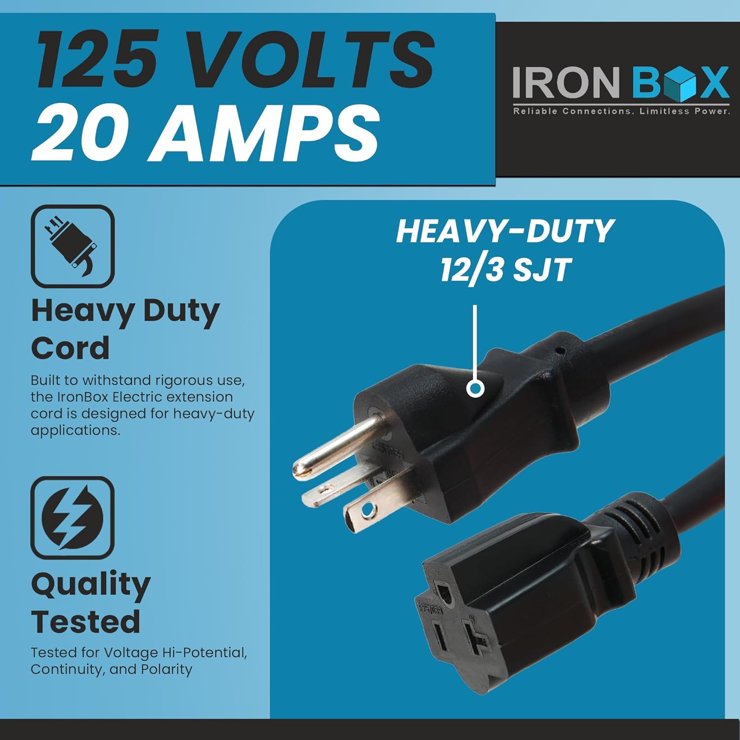 IronBox Electric NEMA 5-20P to 5-20R Extension Cord - 20A, 125V,12/3 SJT Jacket - Heavy Duty Outdoor Generator Cords & Plugs - UL Listed Extension Cable for Data Centers, Camper & More (6 ft,Molded)