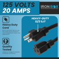 thumbnail image 3 of IronBox Electric NEMA 5-20P to 5-20R Extension Cord - 20A, 125V,12/3 SJT Jacket - Heavy Duty Outdoor Generator Cords & Plugs - UL Listed Extension Cable for Data Centers, Camper & More (6 ft,Molded), 3 of 7