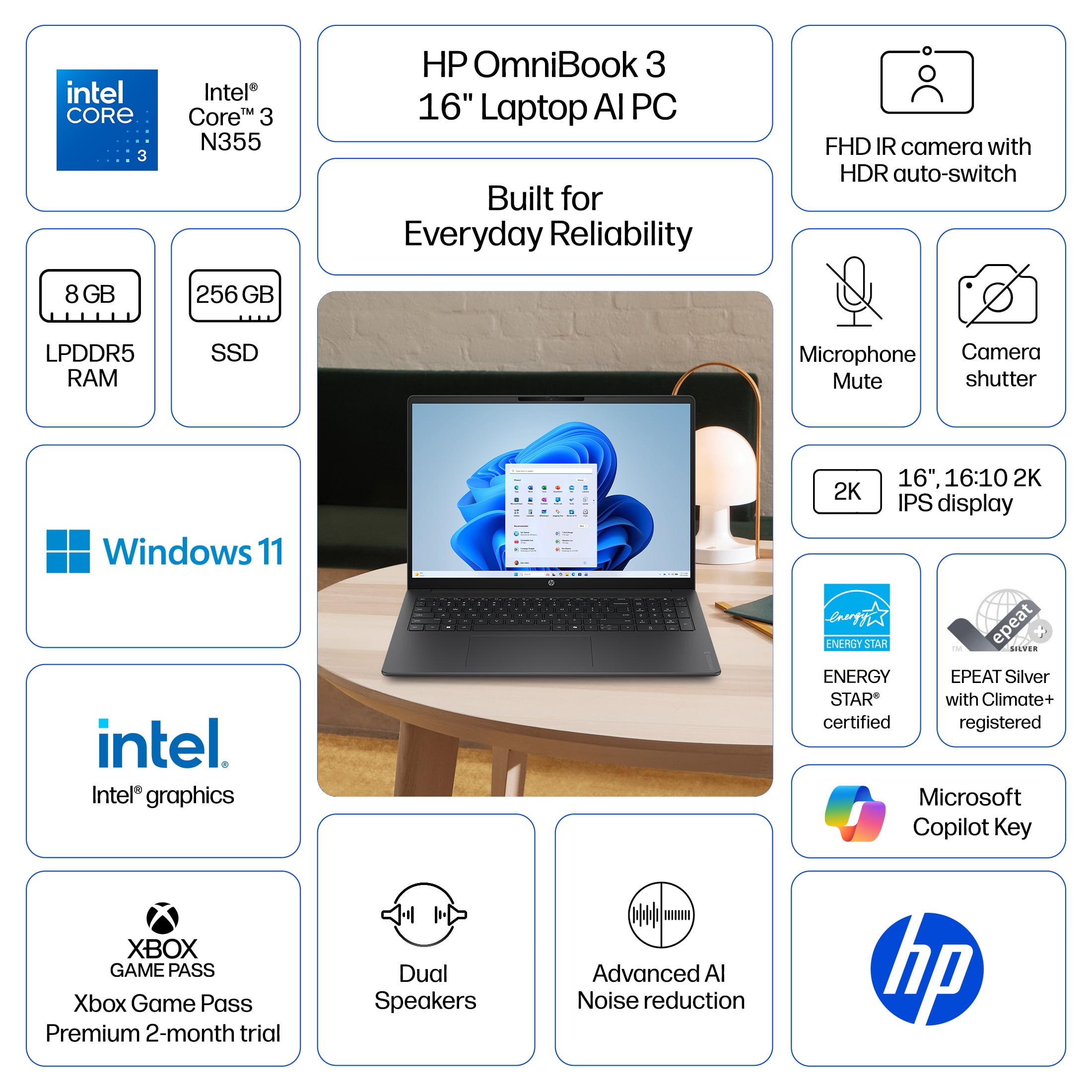 HP OmniBook 3 16 inch 2K IPS Windows Laptop Intel Core 3 N355 8GB 256GB SSD Mica Silver