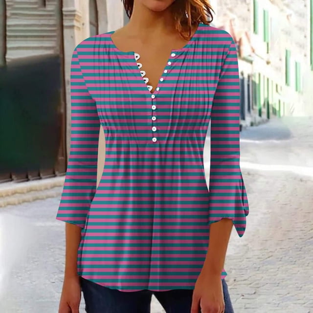 RXIRUCGD Blouse T-Shirt Décontractée à Manches Courtes Imprimée Mode Rayée pour Femmes, Rose, Taille : m