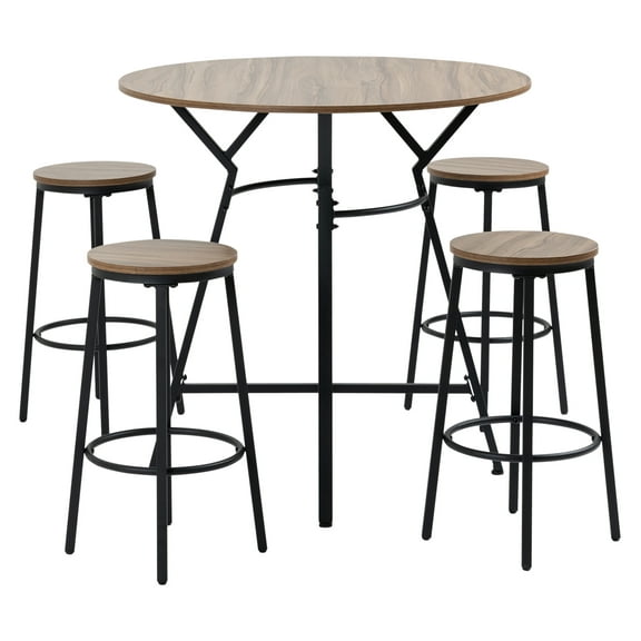 HOMCOM 5-Piece Bar Table Set, Industrial Kitchen Dining Table with 4 Stools - Black & Brown - Space Saving Pub Table Set for Home, Kitchen, and Dining Areas