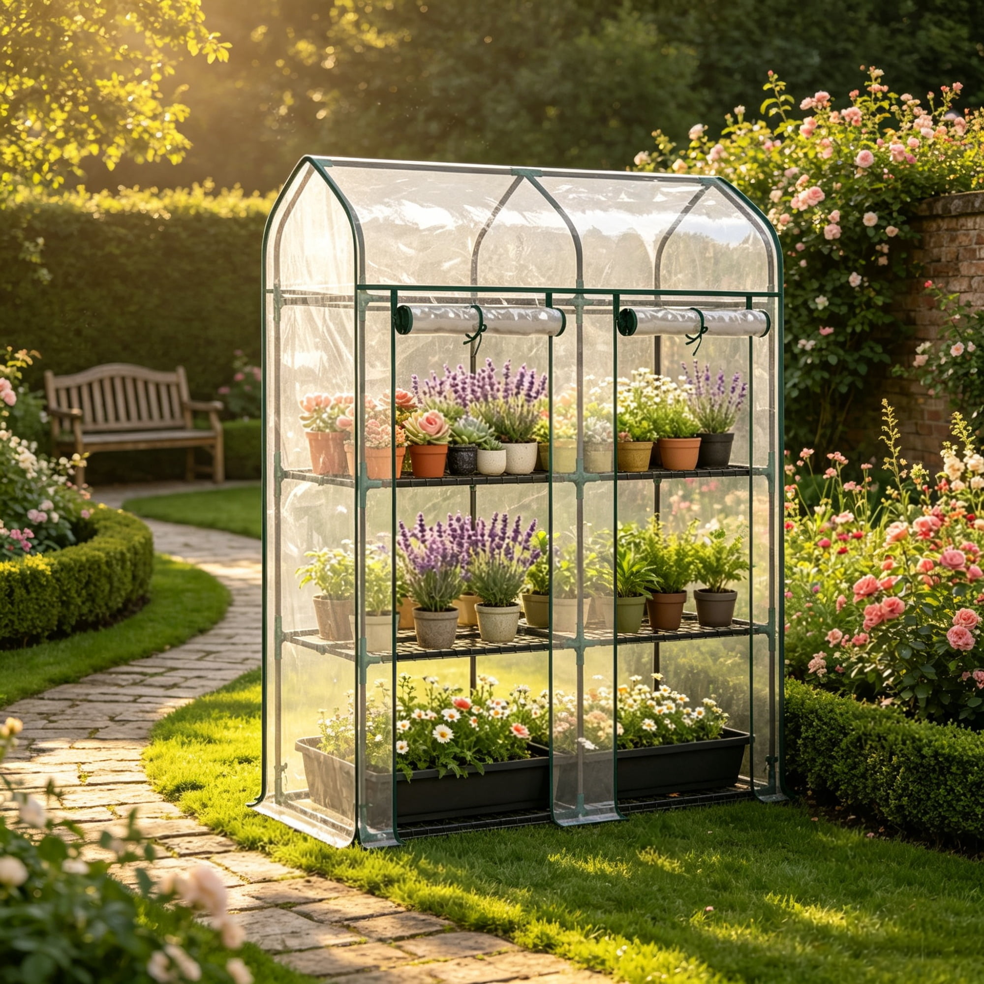 Clear Small 3-Tier Mini Greenhouse, Portable Plant Greenhouse with 2 Roll-up Doors, 56.3" x 18.1" x 65"