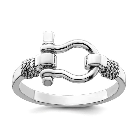 925 Sterling Silver Rhodium Plated Polished Shackle With Rope Trim Ring Size 6 2mm Wide Ring for Women