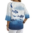 thumbnail image 2 of Xoenoiee Blue Fish Flower Print Cotton Button Down Shirts for Women Business Casual Linen Tops 3/4 Sleeve Work Blouses Spring Outfit, XL, 2 of 7