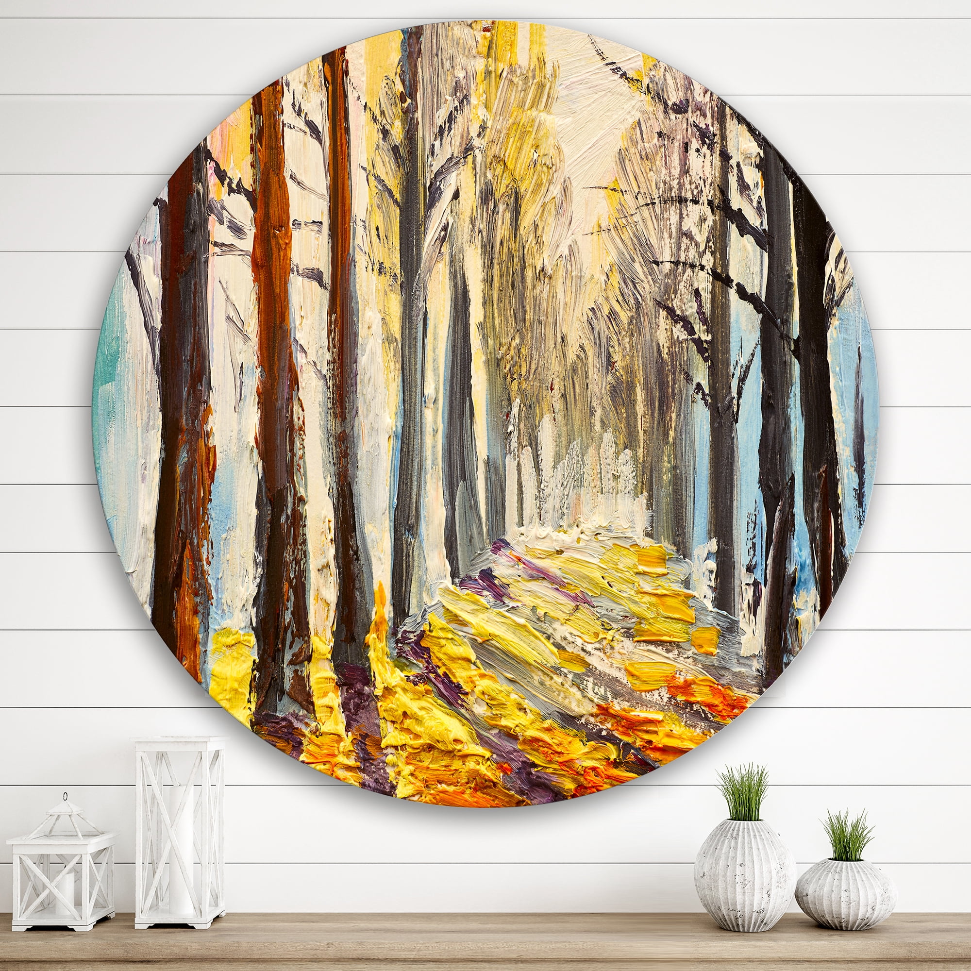 Designart 'Morning Glow Through The Autumn Trees' Lake House Circle Metal Wall Art 36x36 - Disc of 36