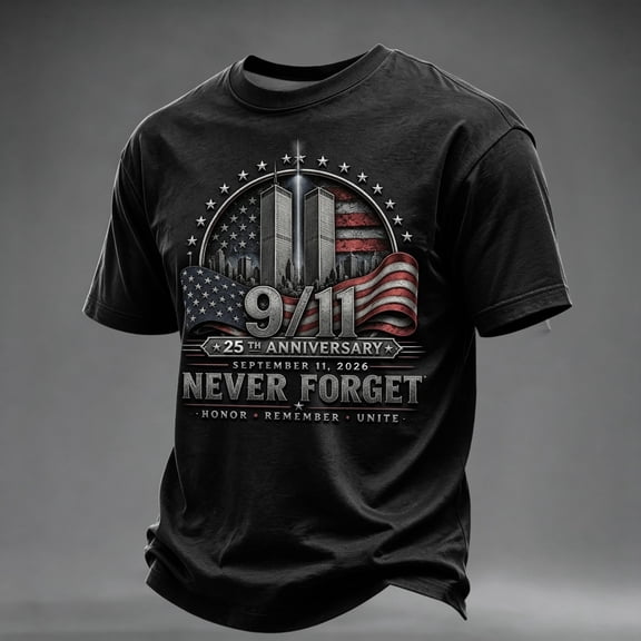 EANJE Men's 9/11 Shirt Never Forget 911 T-Shirt 25th Anniversary Patriotic Short Sleeve Crew Neck Vintage Twin Towers Tribute Memorial Print Top Black M