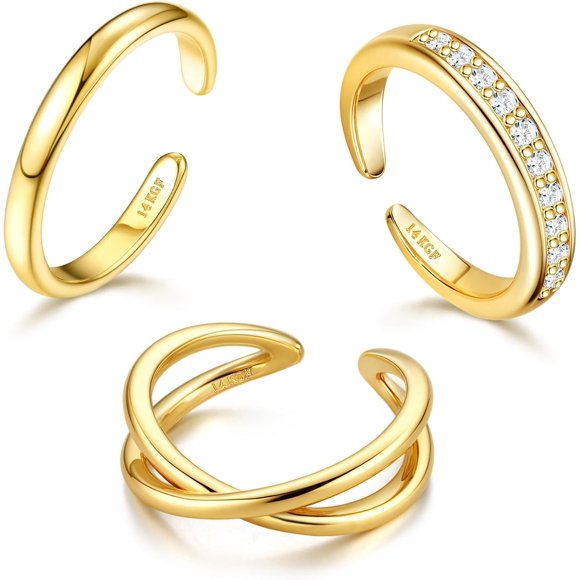 3PCS 14K Gold Filled Toe Rings for Women Adjustable Gold Toe Ring Set Open Band Simple/Classic CZ Hawaiian Summer Beach Foot Jewellery
