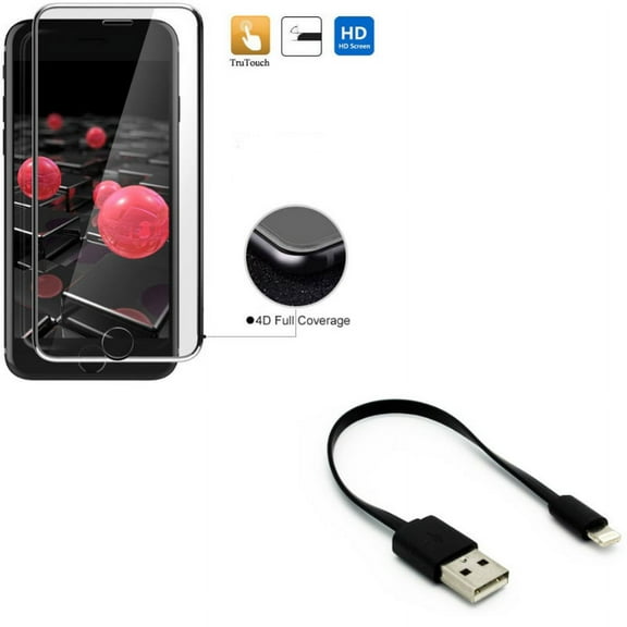iPhone 7/8 PLUS Short USB Cable w Screen Protector - Charger Cord Power Wire, Tempered Glass 4D Touch Curved Edge Full Cover for iPhone 8 PLUS/7 Plus