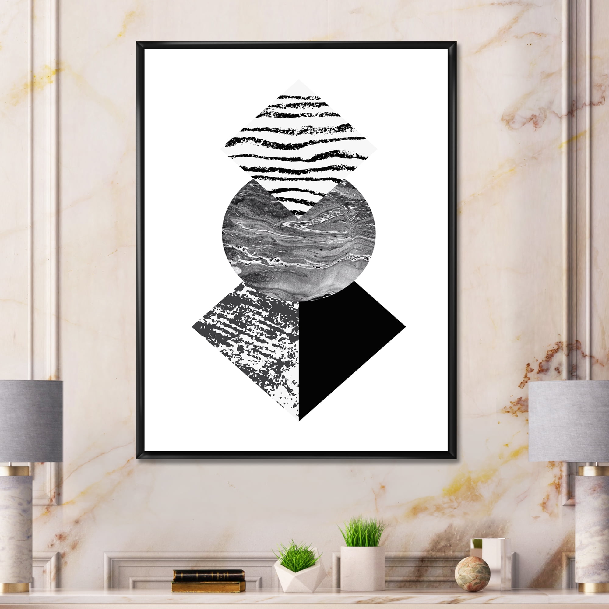 Designart 'Abstract Geometry Shapes With Tropical Palm Leaf I' Modern Framed Canvas Wall Art Print