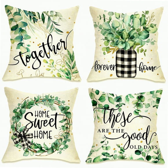 Eucalyptus Farmhouse Plaid Pillow Set - Sweet Home Wreath Outdoor Cushion Case - Spring Summer Decor Jar Cover