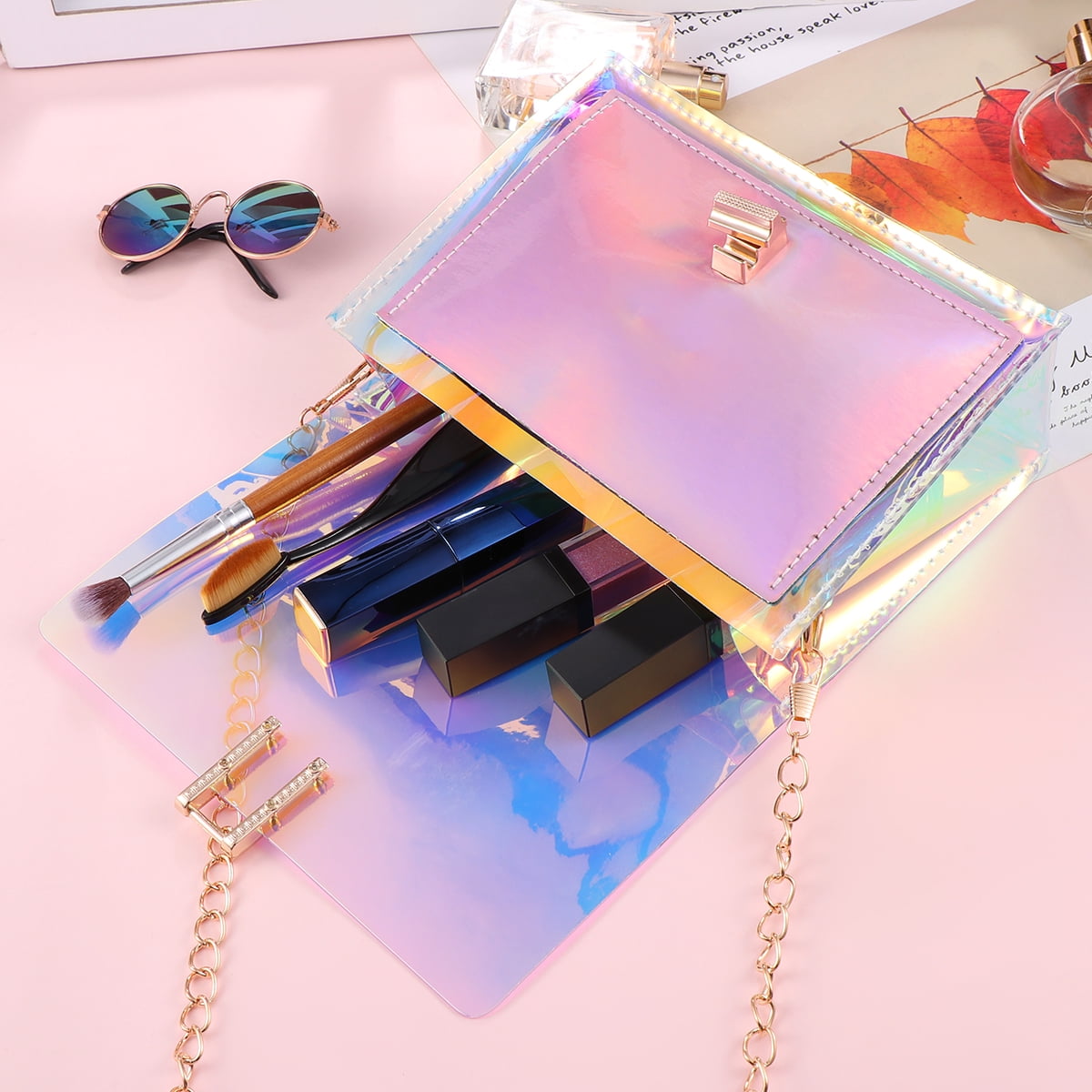 Acxico 1Pcs Pink Transparent Handbag Colorful Chain Bag Rainbow Laser Purses Clear Jelly Mini Bag