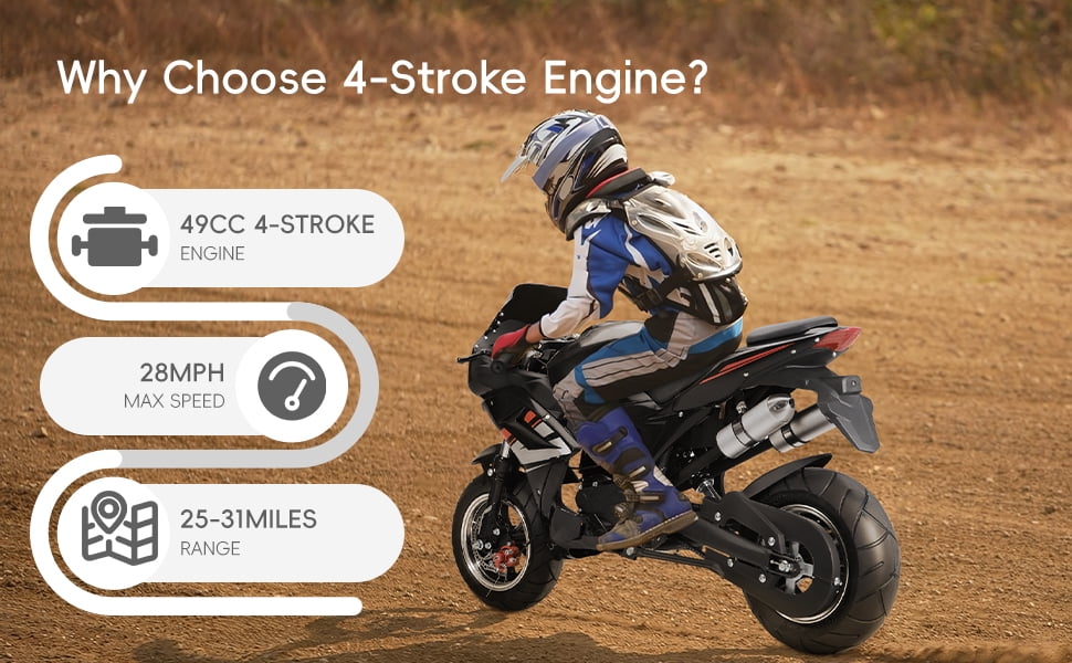 49cc Pocket Rocket Motorcycle - 4-Stroke Gas Powered Mini Bike with 8" Wheels, Front & Rear Disc Brakes, Dual Headlights, Adult Commuter Bike