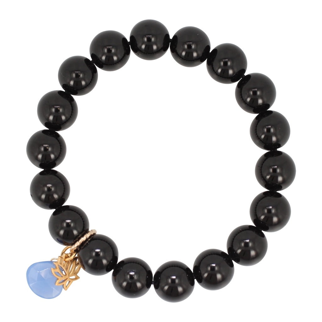 Lotus Charm Bracelet in Black Tourmaline Gemstone and Chalcedony, 10mm Energy Bracelet, #6779S by