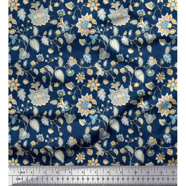 Soimoi Polyester Crepe Fabric Leaves & Floral Block Printed Craft Fabric by The Yard 52 Inch Wide