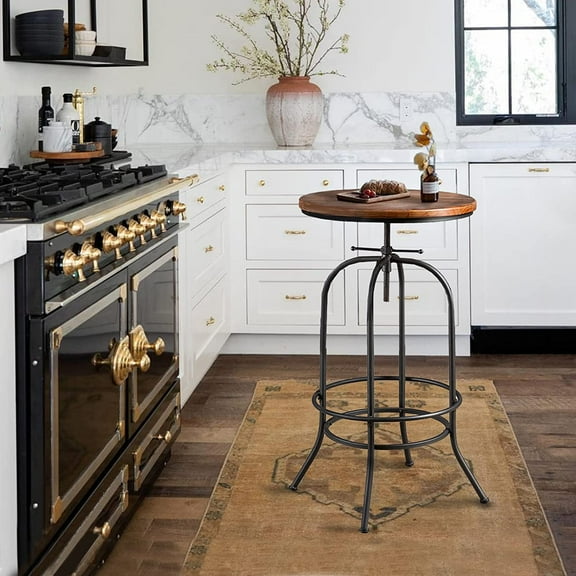 LOKKHAN Industrial Bar Table-37.4 Inch-45.3 Inch Tall-Swivel Adjustable Bar Height Bistro Pub Table-23.7 Inch Round Wood Top Metal Base (Black/Brown)