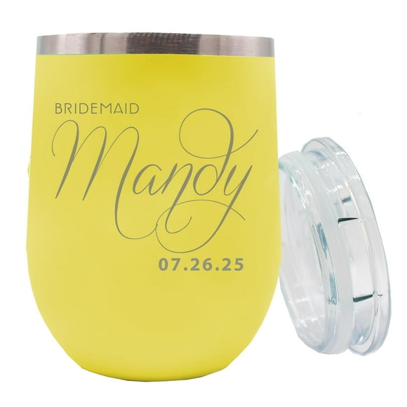 Bridesmaid Stemless Wine Tumbler - Custom Personalized 12 oz Insulated Stainless Steel Cup - Bride, Maid of Honor (Yellow)