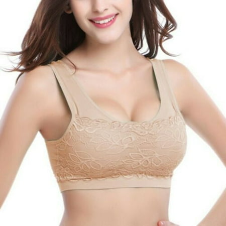 

Women Ladies Yoga Sports Bra Seamless Stretch Padded Up Lace Wirefree Tank Tops(Skin Color L)