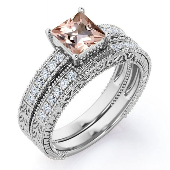 JeenMata Milgrain Edge Design 1.5 Carat Princess Cut Pinky Peach created morganite and Moissanite 4-Prong Pave Edwardian Bridal Set in 18K White Gold Plating over Silver