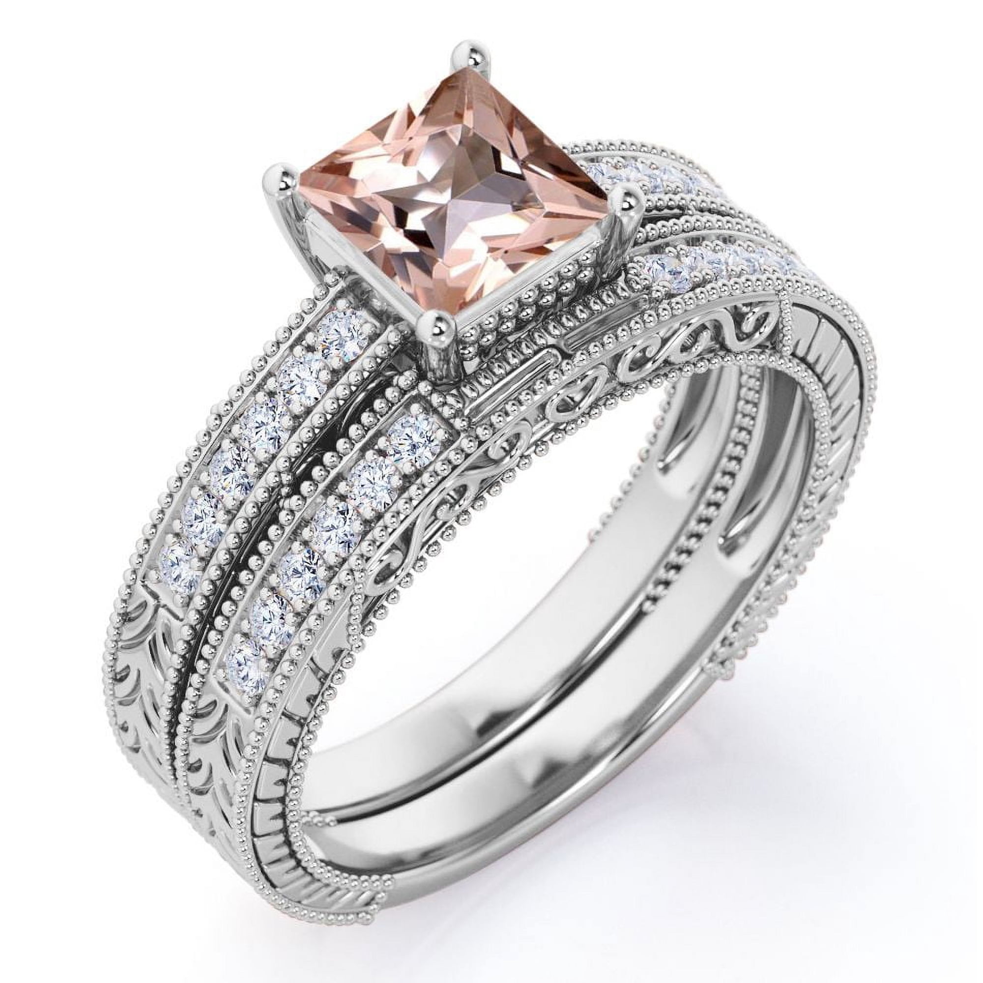 JeenMata Milgrain Edge Design 1.5 Carat Princess Cut Pinky Peach created morganite and Moissanite 4-Prong Pave Edwardian Bridal Set in 18K White Gold Plating over Silver