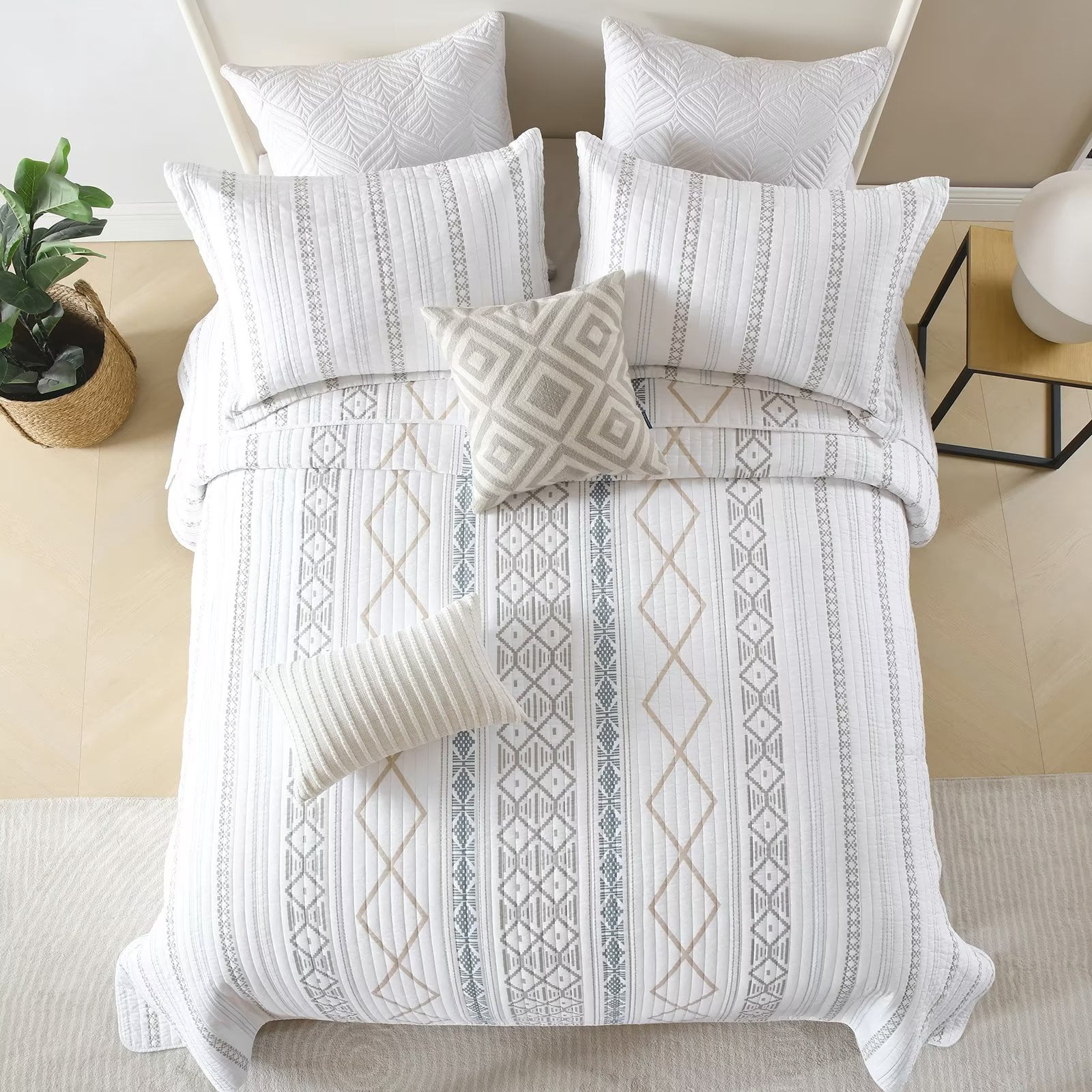 Bedduvit Boho Queen Size Quilt Set - 100% Cotton Beige & Gray & White Geometric Striped Bohemian Queen Quilt Bedspread - Breathable Soft Lightweight Coverlet in Bedding Set for All Season (98"x90")