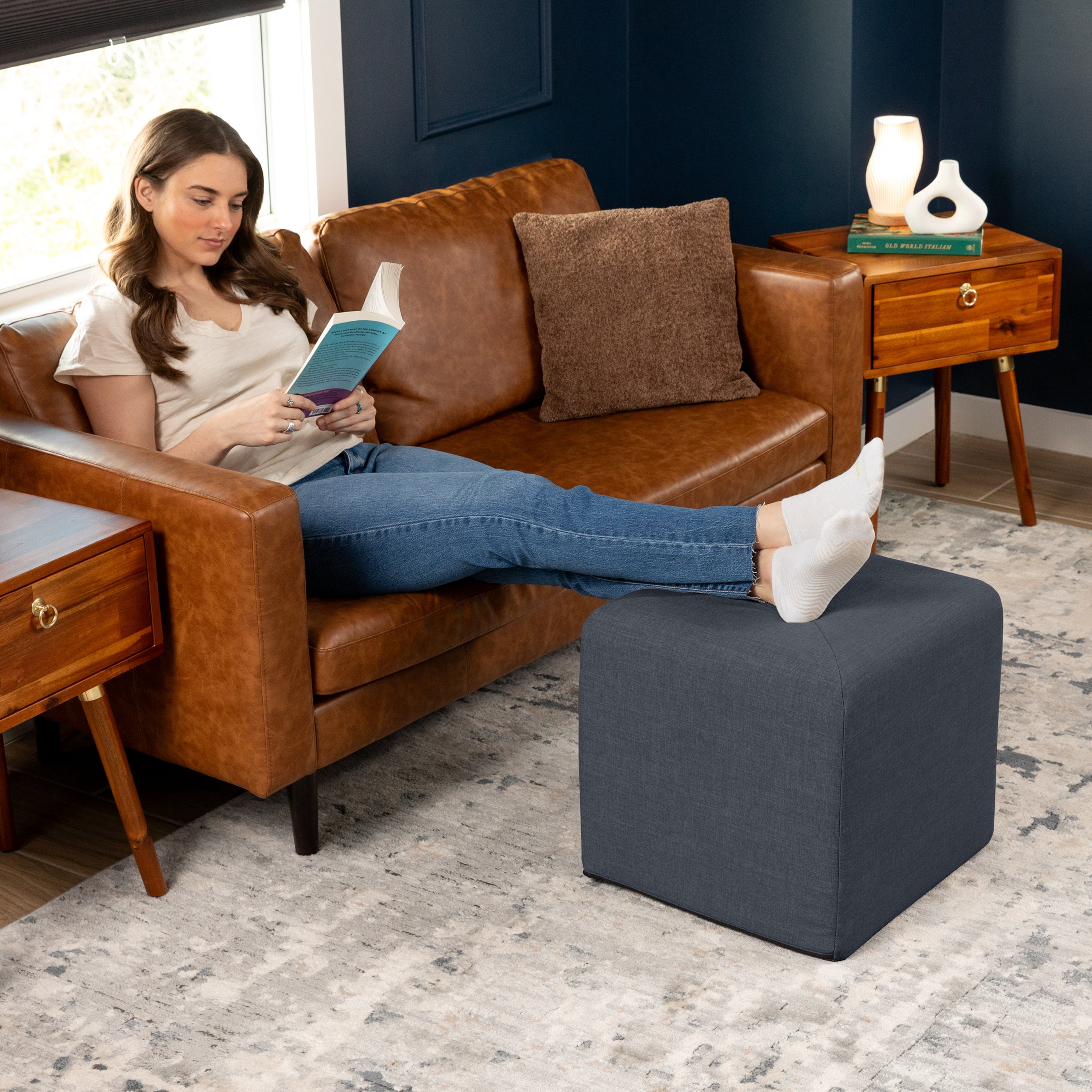 Jaxx Monroe Square Foam Ottoman with Stain Resistant Performance Fabric, Small (18 x 18), Blue Denim