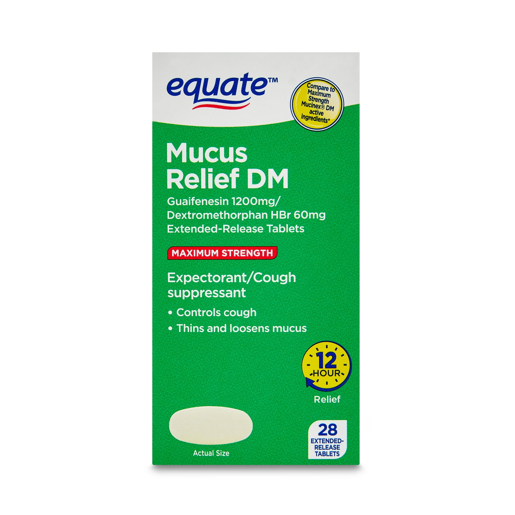 Equate, Maximum Strength, Extended Release Dextromethorphan HBr 60 mg, Guaifenesin 1200 mg Cough & Cold, Allergy Medicine Tablets for Cough Mucinex®