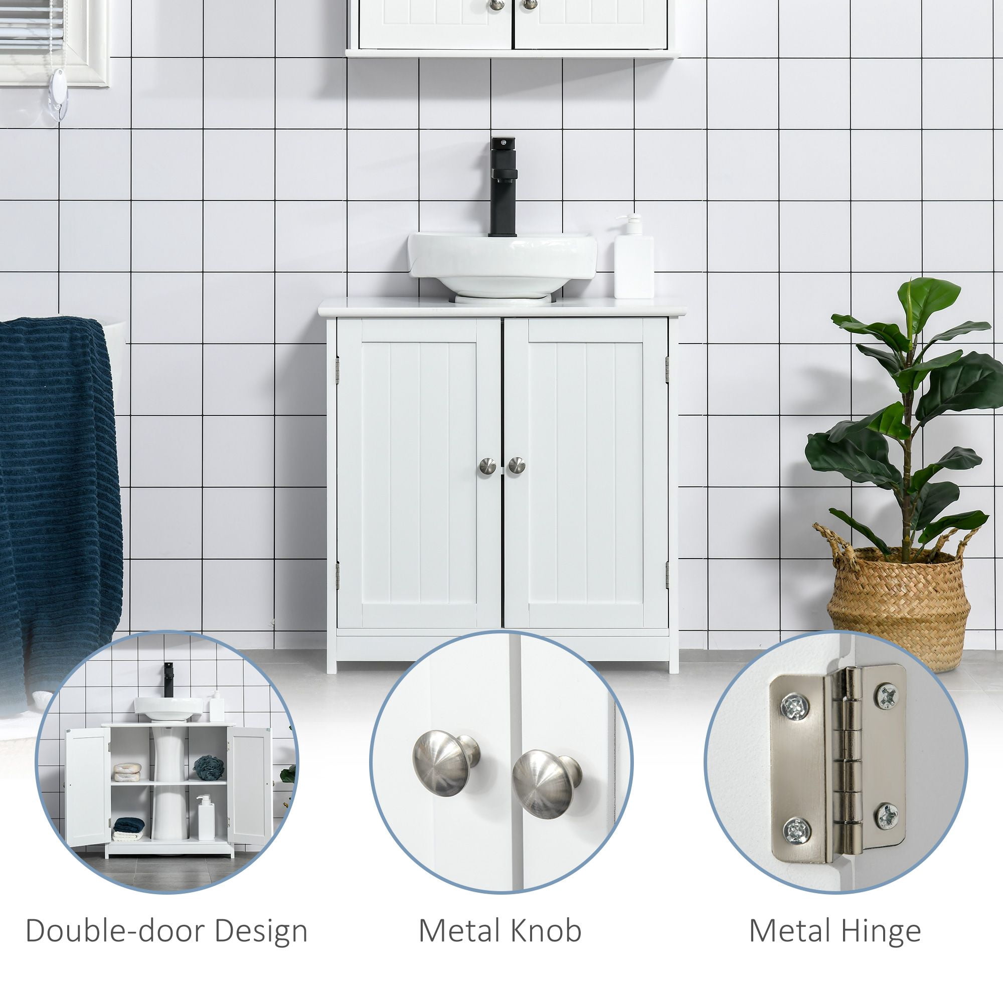 Pedestal Sink Cabinet White Bathroom Vanity Storage with U-Shape Cut-Out Adjustable Shelf