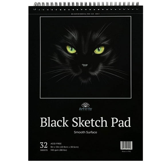 Black Sketch Pad : Book of Crisp Black Perforated Paper on Spiral - 32 Sheets Sketchpad