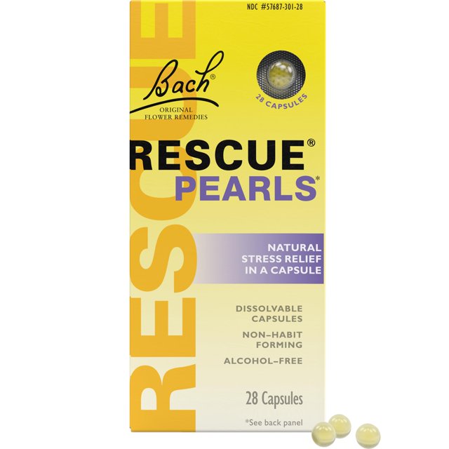 bach rescue pearls | stress relief calmante natural 28 cápsulas Frente de caja amarilla de Bach Rescue Pearls, vista frontal con ventana circular que muestra perlas solubles, textos 'natural stress relief in a capsule', 'dissolvable capsules', 'non-habit forming', 'alcohol-free' y '28 Capsules' en la base; tres perlas sueltas claras frente a la caja.