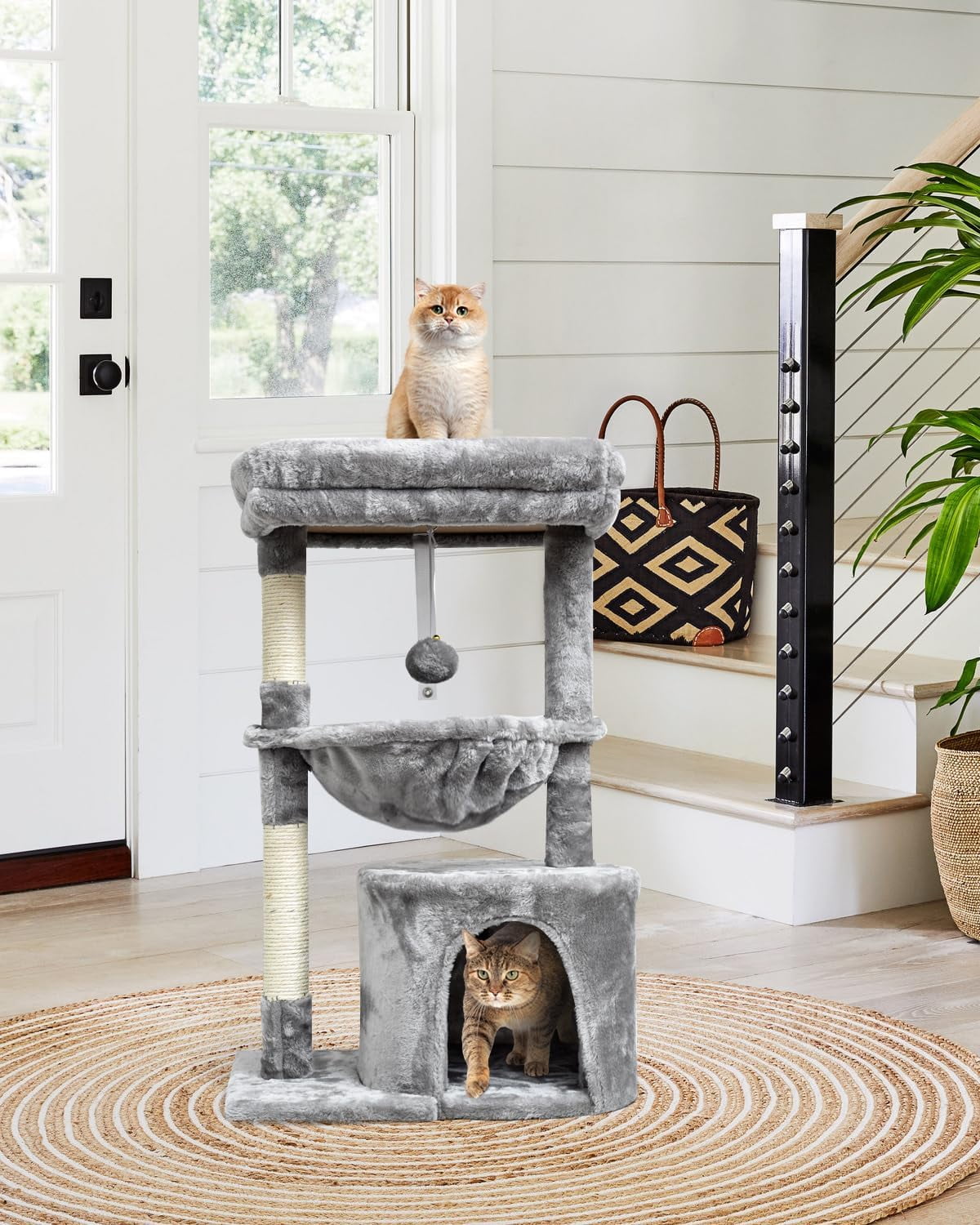 Small Cat Tree for Indoor Cats, Activity Cat Tower with Scratching Post for Kittens, Modern Cat Furniture with Basket & Hanging Ball for Play Rest, Grey